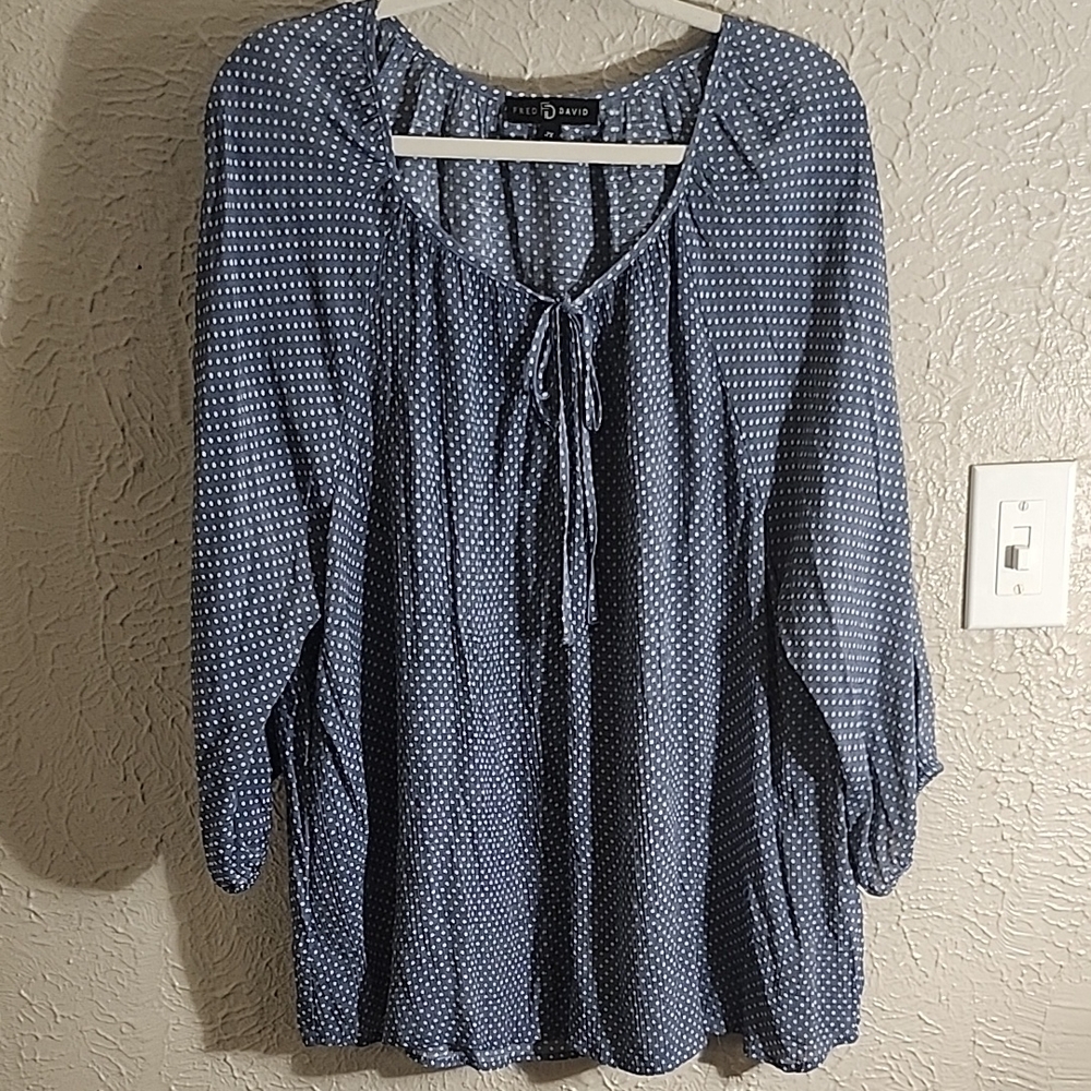 Fred David Blue and White Tie Front Blouse with Relaxed Fit